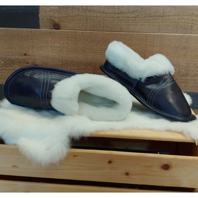 Bilodeau - Pantoufles en cuir et mouton pour femme - Bleu marine
